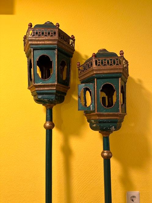 Twee grote antieke lantaarns, prachtig blauwgroen, Antiek en Kunst, Curiosa en Brocante, Ophalen of Verzenden