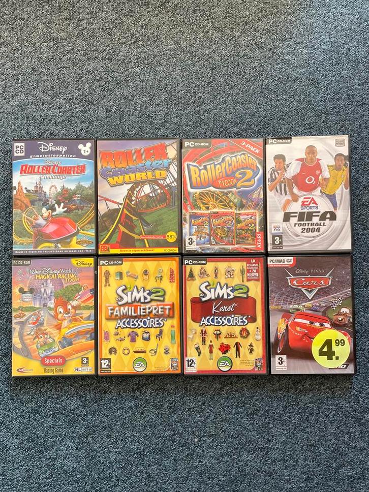 PC CD-ROM Spelletjes: Sims 2, FIFA, Cars, Rollercoaster, Spelcomputers en Games, Games | Pc, Gebruikt, Simulatie, 1 speler, Vanaf 3 jaar