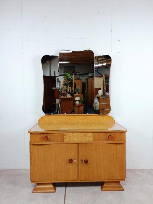 Vintage kaptafel met drieluikspiegel, Huis en Inrichting, Tafels | Kaptafels, Gebruikt, Minder dan 100 cm, 100 tot 150 cm, Hout