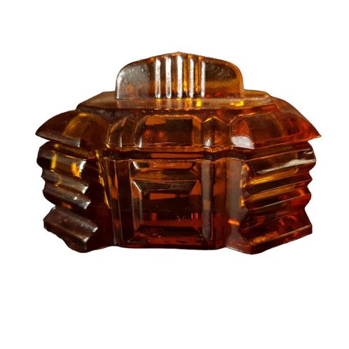 Amberkleurig glazen doosje art deco stijl vintage Tsjechie, Antiek en Kunst, Antiek | Glas en Kristal, Ophalen of Verzenden