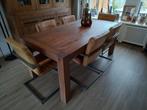 Eiken eetkamertafel Roots met 6 lederen stoelen., Ophalen, 50 tot 100 cm, Zo goed als nieuw, Vijf personen of meer