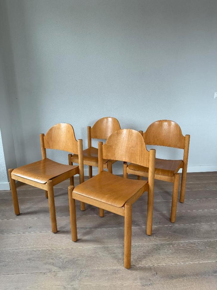 Set van 4 vintage plywood stapelstoelen eetkamerstoelen, Huis en Inrichting, Stoelen, Gebruikt, Vier, Hout, Bruin, Ophalen