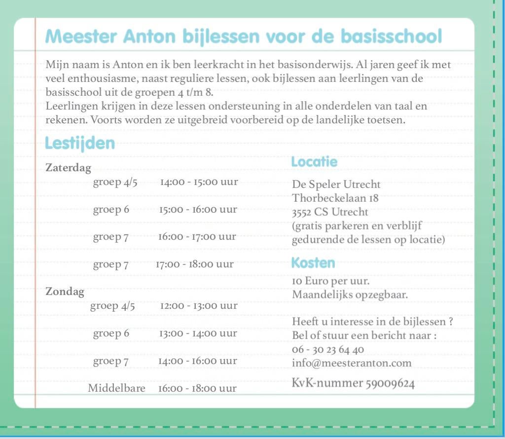 Bijles voor leerlingen van de basisschool door Meester Anton, Bijles