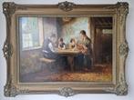 Schilderij "Interieur met vader, moeder en 3 kinderen aan ta, Antiek en Kunst, Ophalen