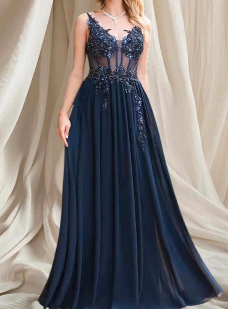 Elegante Donkerblauwe Galajurk met Kant en Tule mt 38,40,42, Kleding | Dames, Gelegenheidskleding, Nieuw, Galajurk, Maat 38/40 (M)