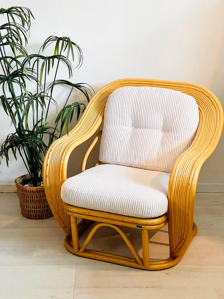 Vintage rotan bamboe fauteuil, Huis en Inrichting, Fauteuils, Zo goed als nieuw, Riet of Rotan, Stof, 50 tot 75 cm, Minder dan 75 cm