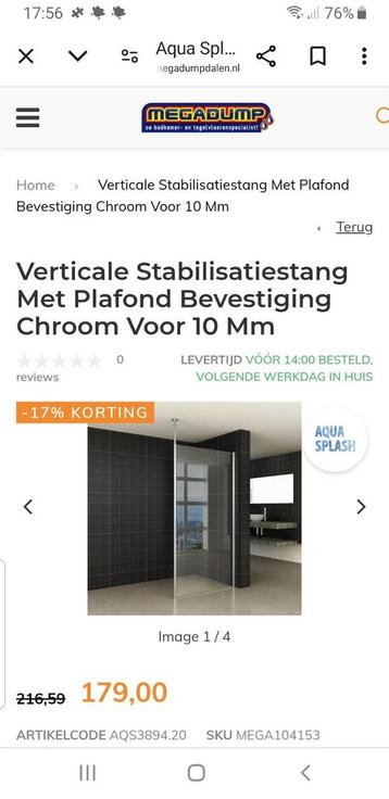 Verticale stabilisatiestang, chroom, voor 10 mm glas, nieuw beschikbaar voor biedingen