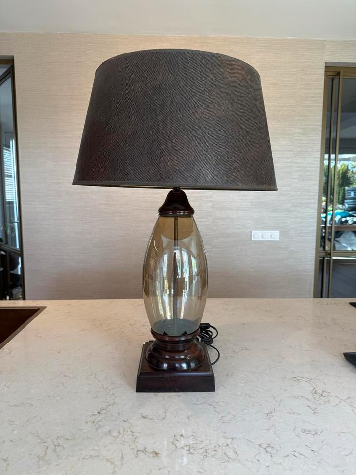 Vintage Tafellamp glazen voet  met Slangenprint Kap, Huis en Inrichting, Lampen | Hanglampen, Gebruikt, 50 tot 75 cm, Glas, Ophalen