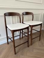 2x Design barkrukken in hout met wit zitkussen, 2 krukken, Ophalen, Zo goed als nieuw, Hout