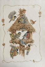 Borduurwerk, zijde, vogels, voederhuis, Bastin, vintage, Hobby en Vrije tijd, Borduren en Borduurmachines, Ophalen, Gebruikt, Handborduren