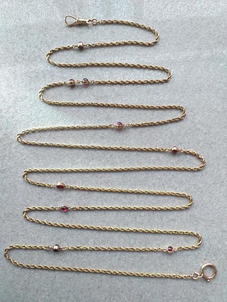 14K koord ketting 142 cm. met natuurlijke cabochon Robijnen, Sieraden, Tassen en Uiterlijk, Antieke sieraden, Ketting, Goud, Met edelsteen