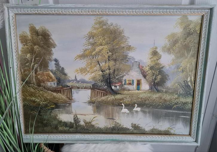 Landelijk olieverf schilderij van een boerderij landschap, Antiek en Kunst, Kunst | Schilderijen | Klassiek, Ophalen
