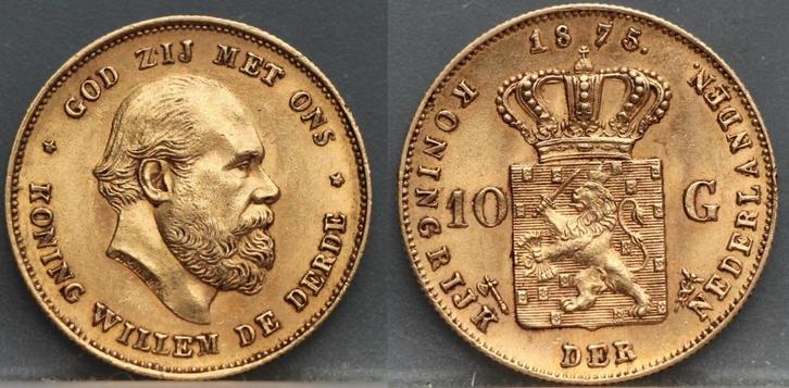 Mooi gouden tientje 1875 - 10 gulden 1875 goud Willem 3, Postzegels en Munten, Munten | Nederland, Losse munt, 10 gulden, Koning Willem III