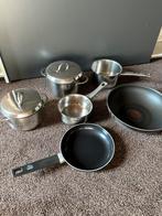 Pannenset: wok, koekenpan, 2 kookpannen, 2 steelpannen, Ophalen of Verzenden, Pannenset