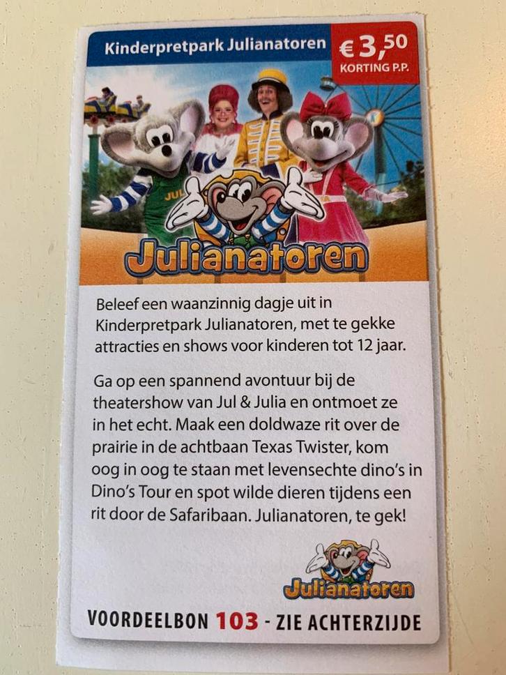 Kinderpretpark Julianatoren € 3,50 korting p.p. max 4 pers., Tickets en Kaartjes, Kortingen en Cadeaubonnen, Drie personen of meer