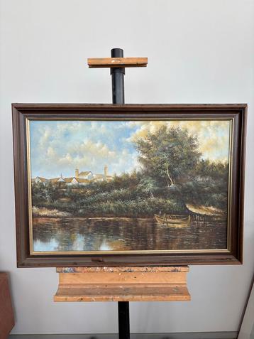 Schilderij: Rivierlandschap met boot en dorp beschikbaar voor biedingen