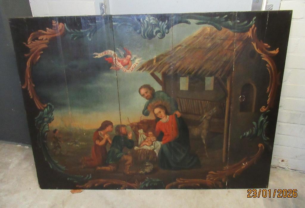 ANTIEK SCHILDERIJ  HOUTEN PANEEL- GEBOORTE JEZUS/MARIA-JOZEF, Ophalen
