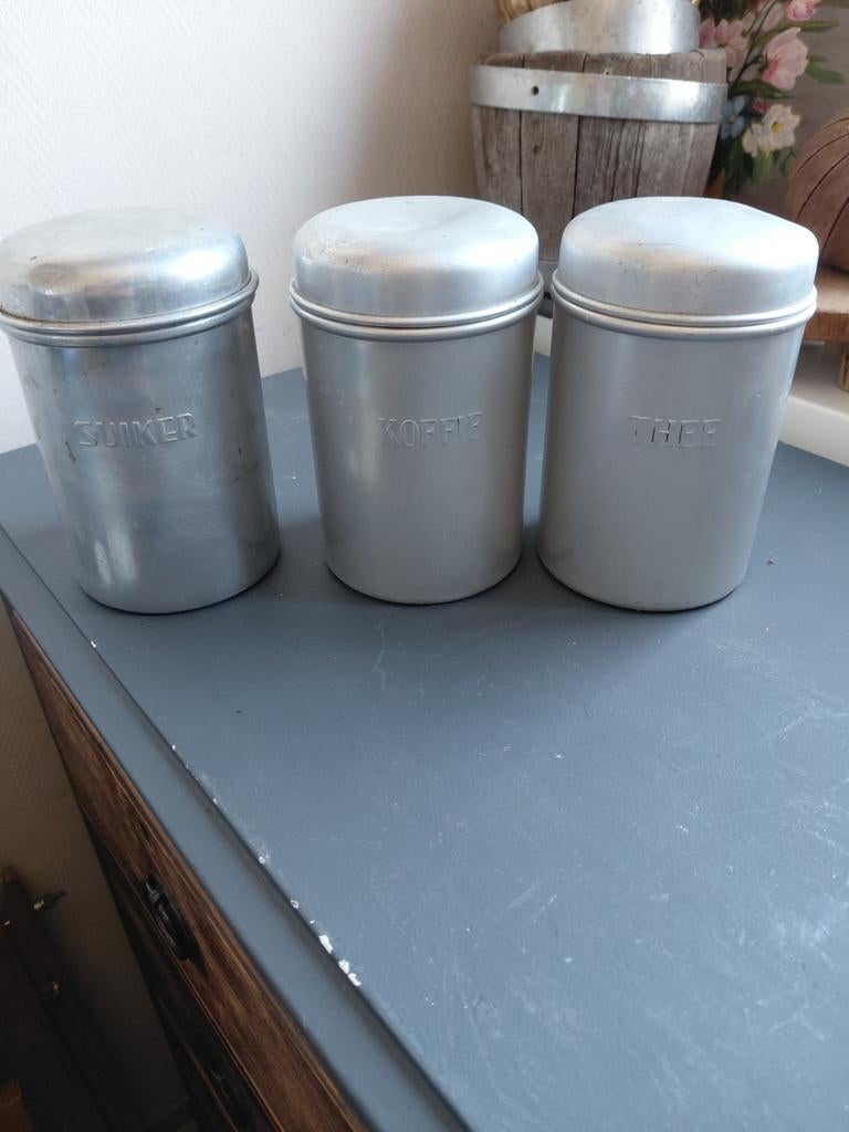 Vintage aluminium BK Berk Kampen koffie thee suiker blikken, Ophalen, Gebruikt, Koffie