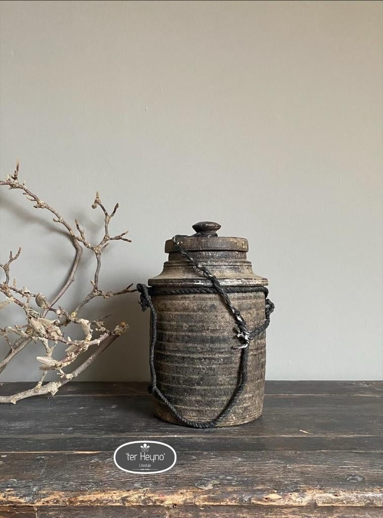 Oude houten kruik pot met deksel hout stoer sober landelijk, Verzenden, Nieuw