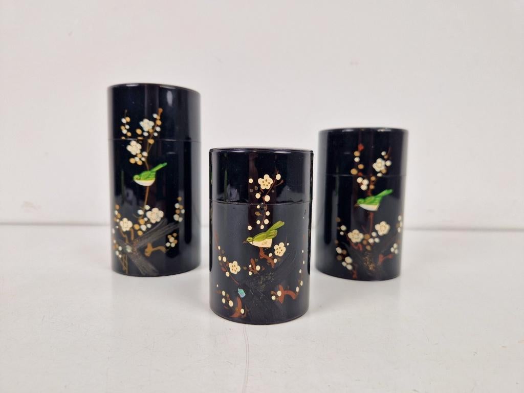 Set vintage Japan Emaillen Metaal Theebus Bamboe & Vogels, Ophalen of Verzenden, Gebruikt, Thee