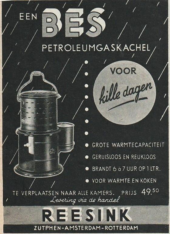 Retro reclame 1953 Reesink Bes petroleum kachel kille dagen, Verzenden, Overige typen