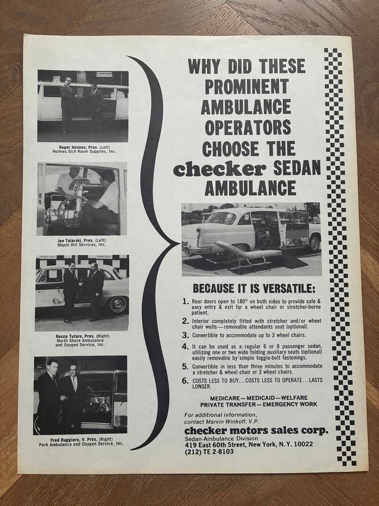 Checker Sedan Ambulance brochure sheet, Boeken, Ophalen of Verzenden, Zo goed als nieuw, Overige merken