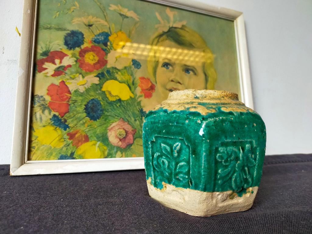 BROCANTE GEMBERPOTJE MET GROEN GLAZUUR, Ophalen of Verzenden