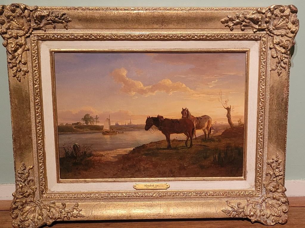 Hendrik Lot 1821-1878   Langs de rivier bij zonsondergang, Antiek en Kunst, Kunst | Schilderijen | Klassiek, Ophalen of Verzenden