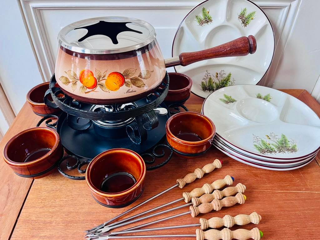 Vintage fondueset compleet fondue pan, Witgoed en Apparatuur, Fonduesets, Gebruikt, ., Brander, Fondueset