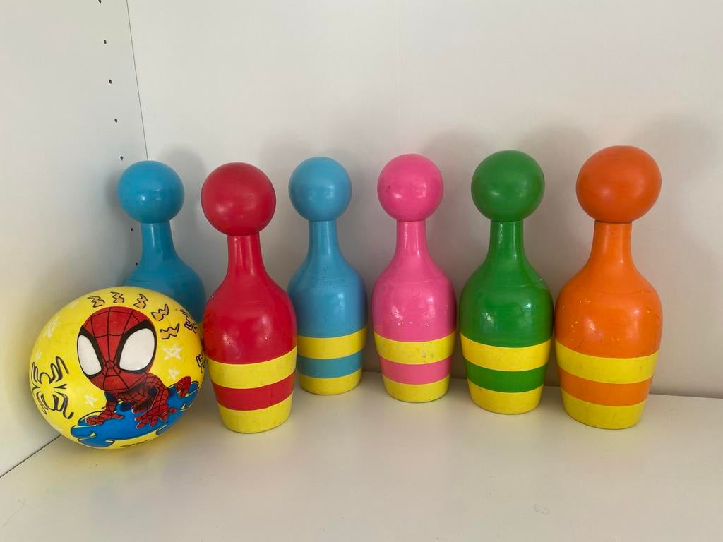 Houten Bowling spel met Spiderman Bal - KegelSpel hout, Ophalen of Verzenden, Gebruikt