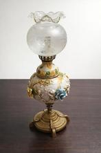  Prachtige Antieke Brocante Tafellamp met Porseleine Bloemen, Ophalen of Verzenden