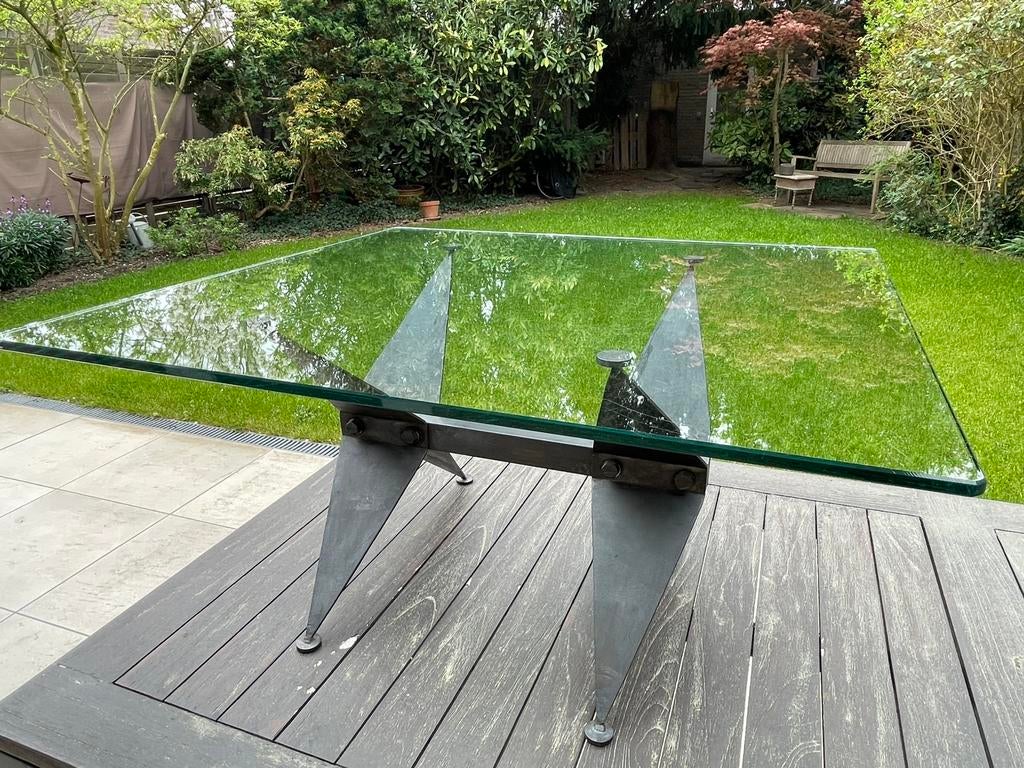 Bijzettafel, Salontafel. Industrieel glas en staal. 80x75x42, Ophalen, Minder dan 45 cm, Vierkant, 75 cm of meer