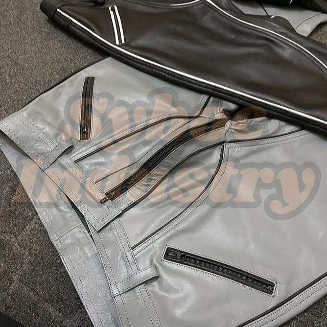 te koop grijze leren broek (gay) doorlopende rits., Onbekend, Maat 48/50 (M), Nieuw, Ophalen of Verzenden