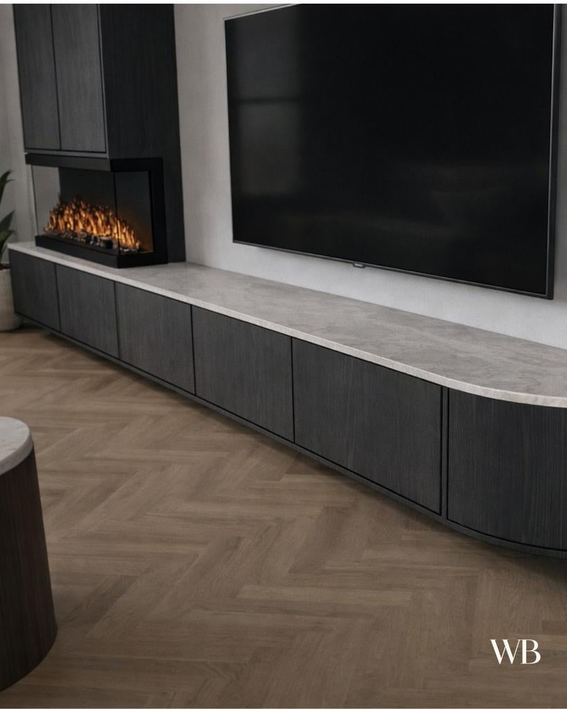 Modern TV meubel op maat met ronde hoek | haard mogelijk, Huis en Inrichting, Kasten | Televisiemeubels, 200 cm of meer, Nieuw