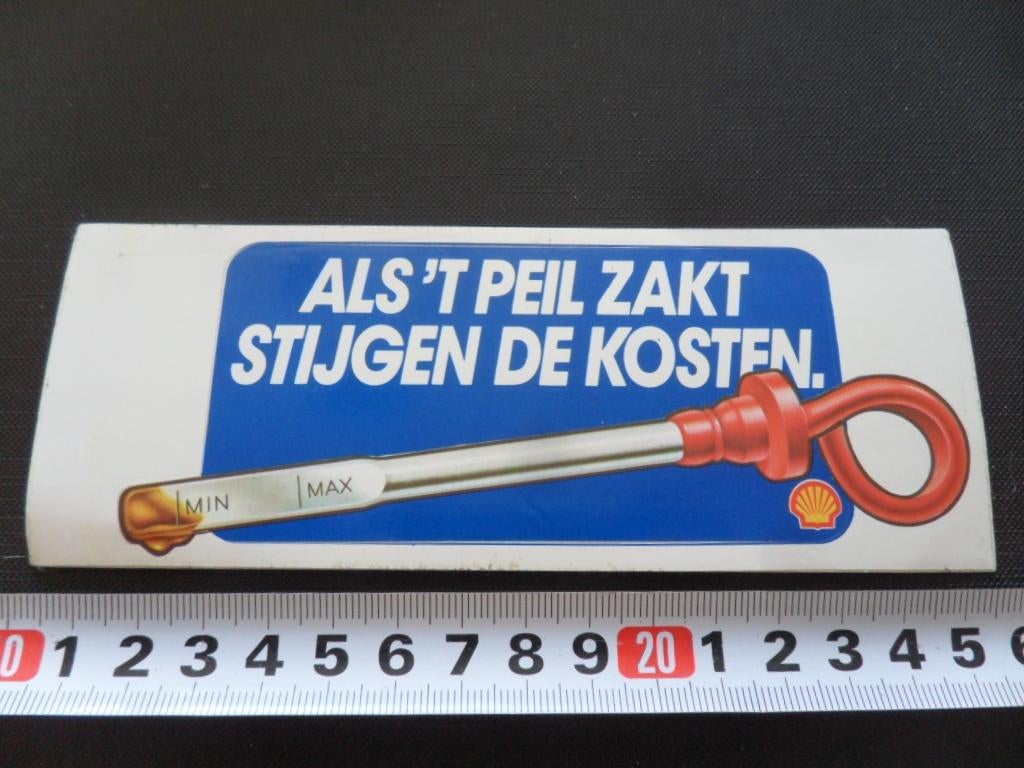sticker SHELL olie peilstok als 't peil zakt stijgen kosten*, Verzamelen, Stickers, Ophalen, Zo goed als nieuw
