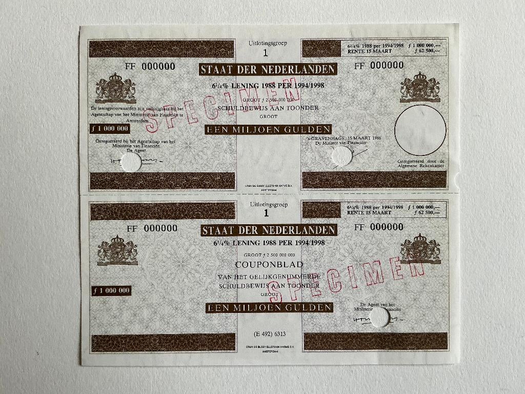 6% Staatslening1988 per 1994, 1 Miljoen Gulden, Specimen, Postzegels en Munten, Aandelen en Waardepapieren, Ophalen of Verzenden