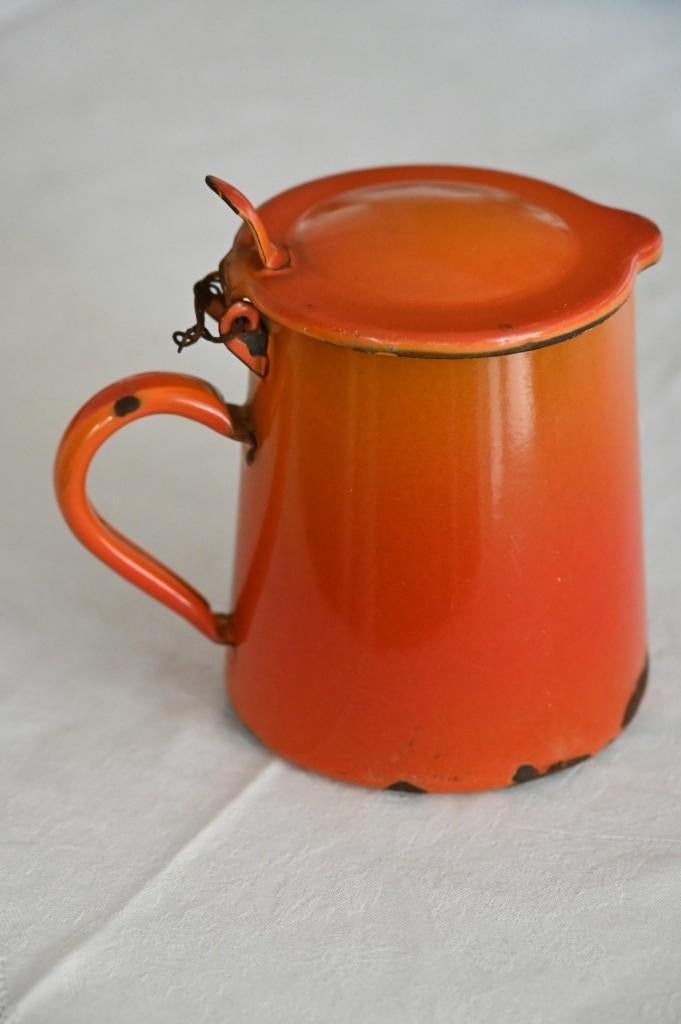 Deksel kannetje kan rood/oranje emaille, Ophalen of Verzenden