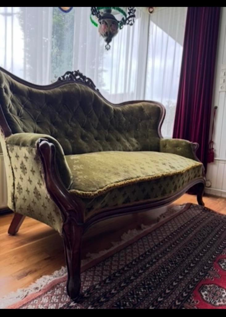 Antieke fluwelen bank - Groen, klassiek design, Ophalen, Gebruikt, 150 tot 200 cm, Tweepersoons