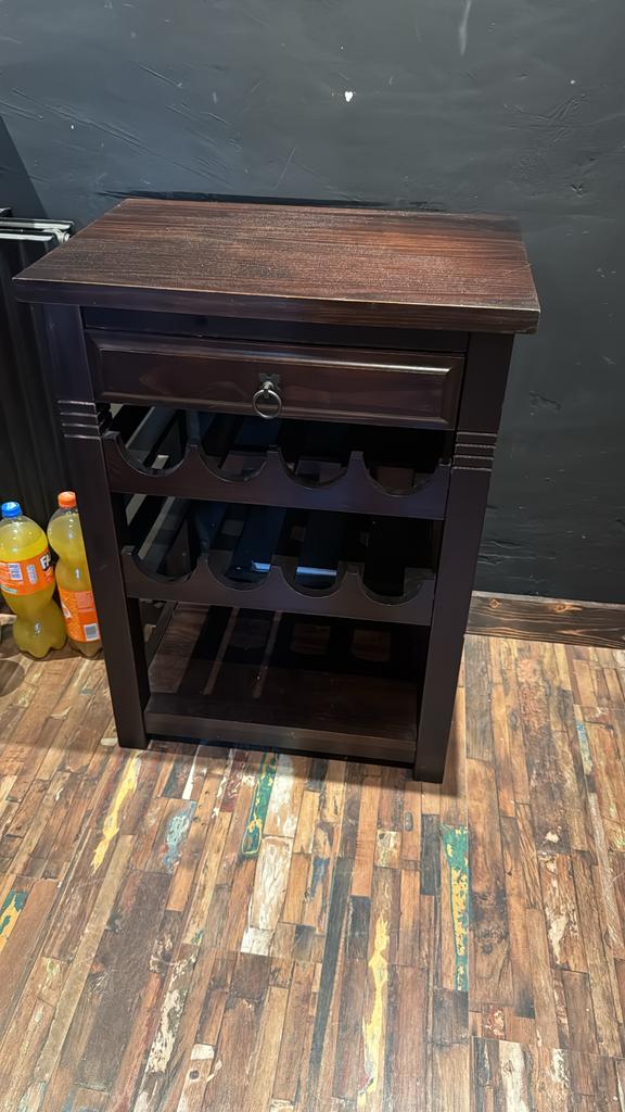 Wijnrek/flessenkastje met lade - Donkerbruin hout, Ophalen, Gebruikt, 5 tot 15 flessen, 75 cm of meer