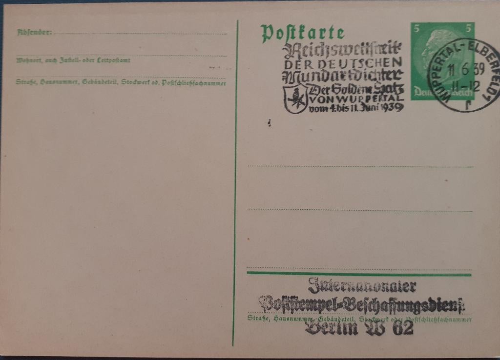 Deutsches Reich Briefkaart 1939 Wuppertal, Postzegels en Munten, Ophalen of Verzenden, Briefkaart