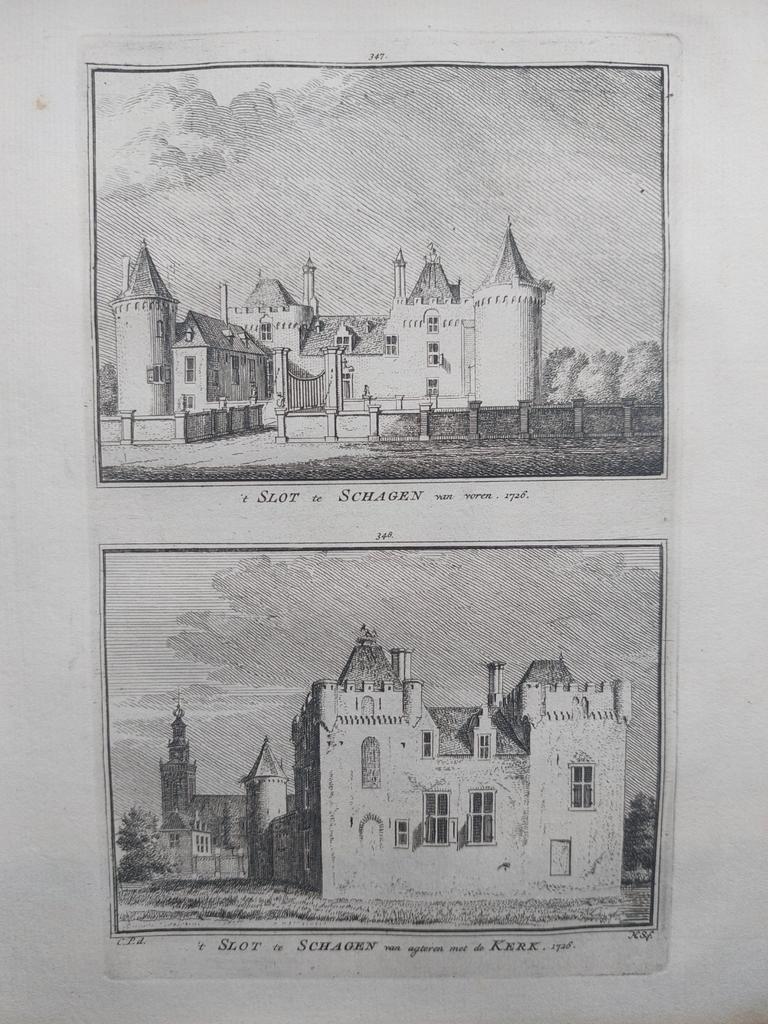 347-348 / Slot Schagen met de kerk Oude gravure 18e eeuw, Antiek en Kunst, Kunst | Etsen en Gravures, Ophalen of Verzenden