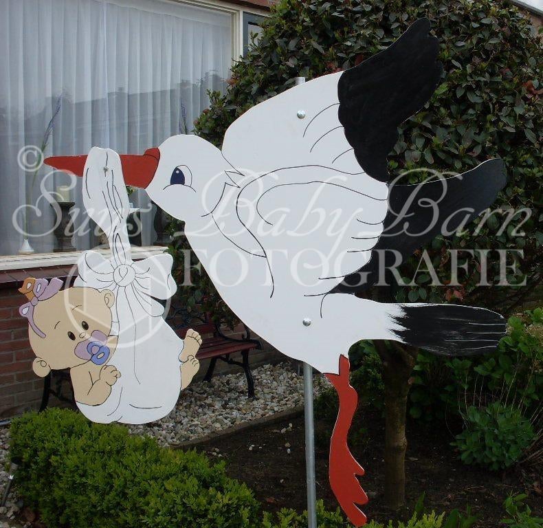 Geboortebord Geboorte Ooievaar met Baby Meisje in Draagdoek., Ophalen of Verzenden, Zo goed als nieuw, Geboortebord