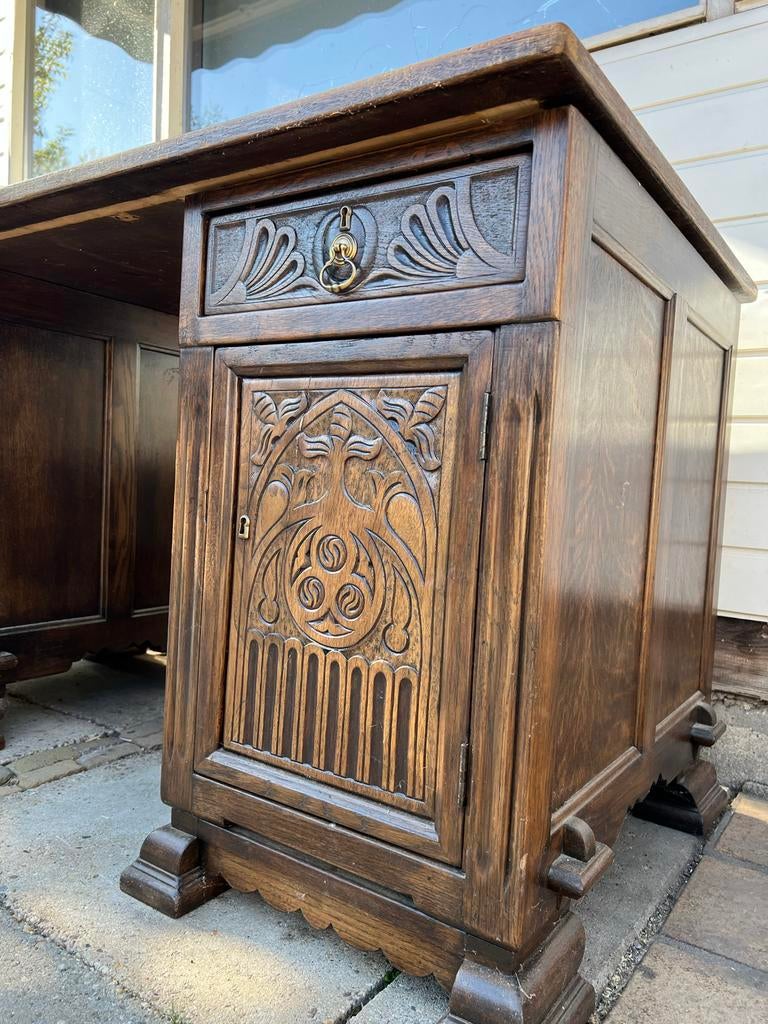 Oud kerk bureau met laden en twee kastjes, Gebruikt, Secretaire, Antiek, Bruin