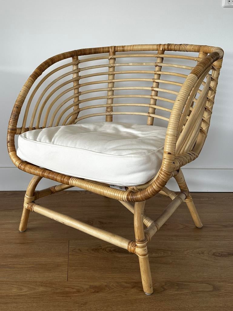 IKEA BUSKBO rattan armchair with cushion, Ophalen, Gebruikt, 75 tot 100 cm, 50 tot 75 cm