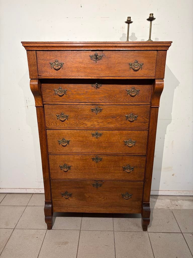 Ladenkast hoge massief eiken laden kast chiffoniére, Ophalen, Gebruikt, 100 tot 150 cm, 5 laden of meer