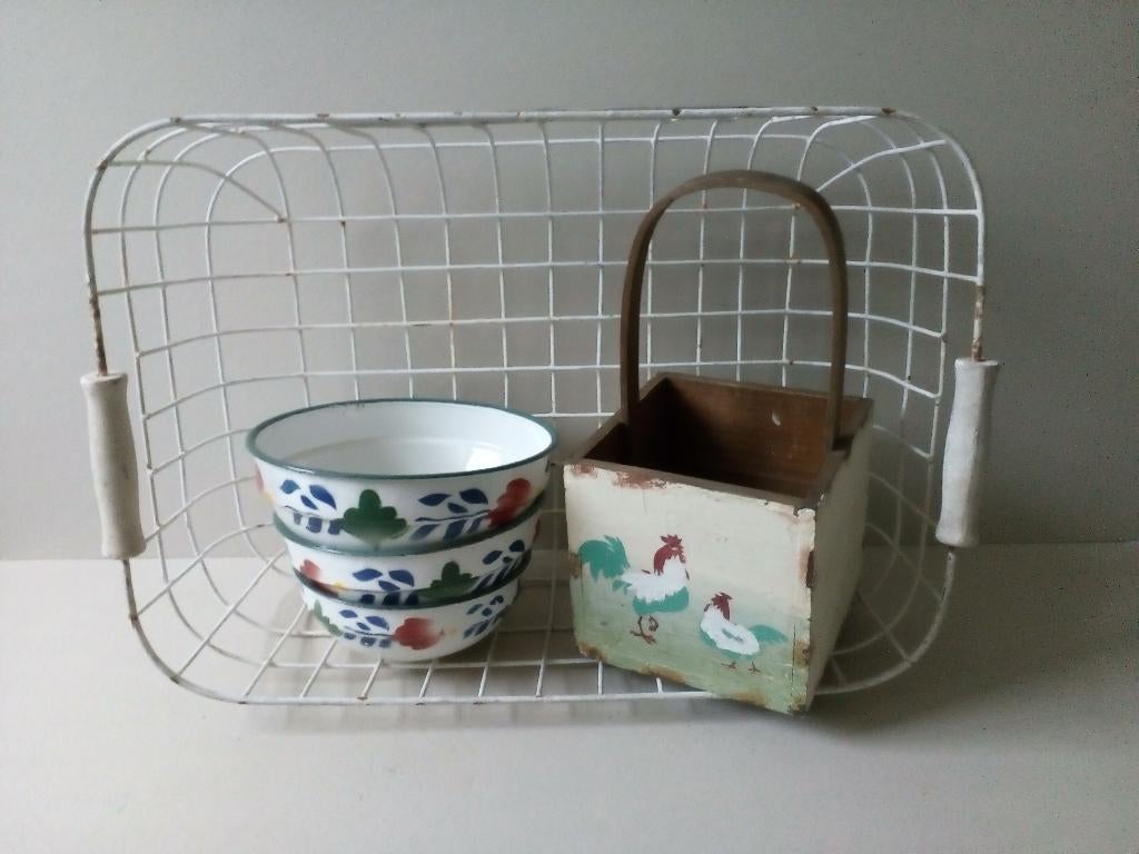 Brocante tuin/keukenspullen.o.a.korf/ bakje/emaille kommen., Antiek en Kunst, Curiosa en Brocante, Ophalen of Verzenden
