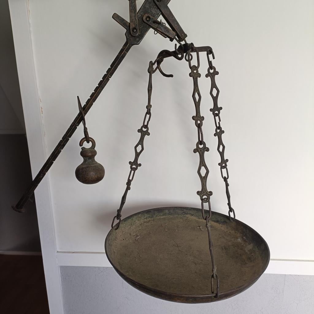 Antieke koperen unster weegschaal met gewicht, Ophalen of Verzenden