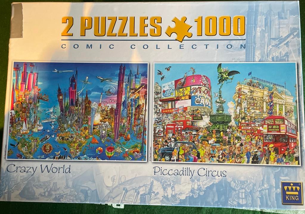 King puzzels 2x1000 stukjes Crazy World en Piccadilly Circus, Ophalen, 500 t/m 1500 stukjes, Gebruikt, Legpuzzel