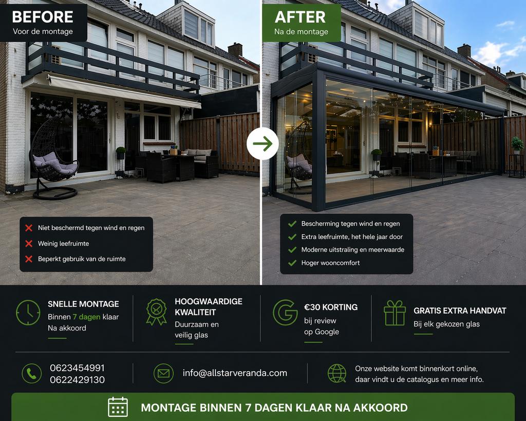 Glazen schuifwanden €275 incl. montage 1 week, Ophalen of Verzenden, Serre