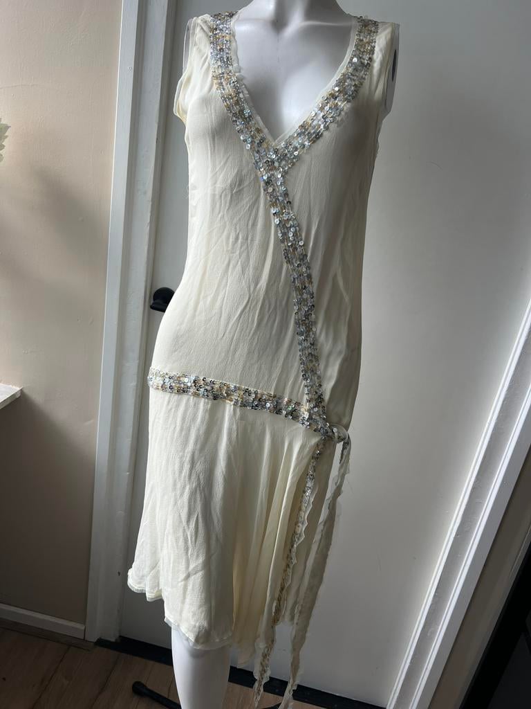 Antik batik creme kleurige zijden jurkje maat S silk, Overige kleuren, Ophalen of Verzenden, Zo goed als nieuw, Maat 36 (S)